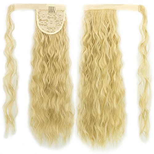 IMISSU Long Kinky Curly Wrap Around Ponytail Extension Synthetic Hair Extensions Clip in Hairpiece (Bleach Blonde)