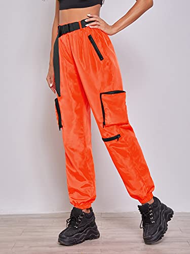Makemechic Women's Casual Plain Mid Wasit Utility Cargo Pants Jogger Pants With Belt Orange C Xs #TOP3
