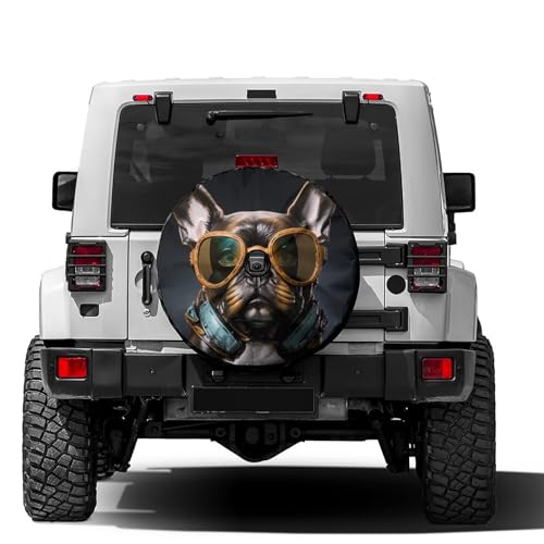 Image of Delerain Spare Tire Cover with Backup Camera Hole French Bulldog Sunglass Wheel Covers Waterproof Dust-Proof UV Sun Universal Fit for Jeep Trailer RV SUV Truck (17 Inch for Diameter 31 inch-33 inch)
