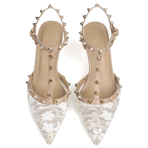 Image of XINIUNIU Studded Heels for Women Kitten Heels with Studs Stiletto Sandals with Rivet Ankle Strap Patent Leather Pointy Toe 2.5 Inch Party Daily Wear Evening Sandals