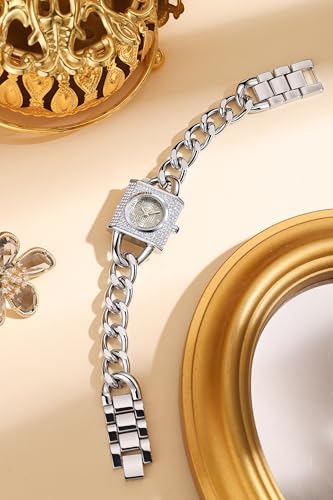 Image of Giordano Analog Quartz Watch for Women with Textured Square Dial, Crystal Studded Bezel, Blue Crown, Stainless Steel Strap - GZ-60160