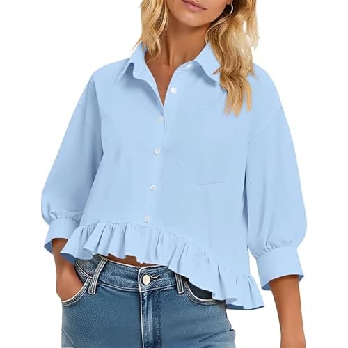 LOMON Womens 3/4 Sleeve Button Down Tops Dressy Casual Ruffle Blouses