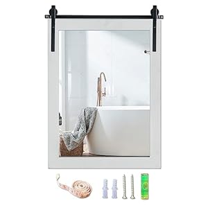 Rustic Farmhouse Wood Framed Wall Mirror 24 x 34 inches Coastal White Finish Barn Door Inspired Design for Wall Decor Heavy Duty Metal Bracket has Been Pre Installed for Easy Hanging