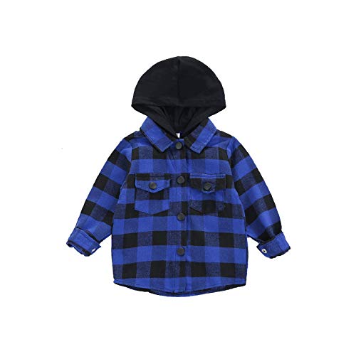 Toddler Boy Plaid Hooded Jacket Baby Boy Long Sleeve Checkered Button Down Hoodies Shirt Fall Winter Outerwear Overcoat (Blue, 6-12 Month)