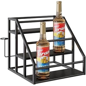 Spice Rack Organizer, 3 Tier Countertop Storage Shelves, Kitchen Storage, Syrup Bottle Stand Holder for Wine, Liquor, Kitchen Coffee Station Organizer Rack, 13.8″x13.4″x13.0″,Black