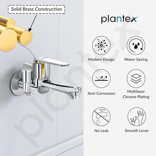 Image of Plantex Pure Brass 2 in 1 Tap for Washing Machine /2-Way Bib Cock for Bathroom with Water Saving Aerator /Bib Cock with Brass Wall Flange and Teflon TapeTape (DOL-2305, Chrome)