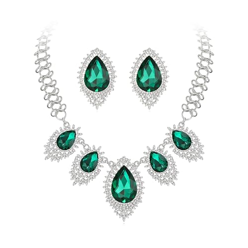 Juego de joyas con colgante de lágrima y cristal verde facetado de alta costura