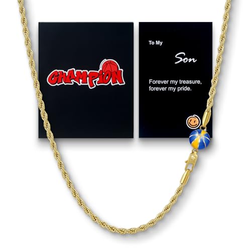 KRKC&CO Rope Chain with Basketball Necklace Pendant for Son/Boy, 14K Gold Plated, 3mm 20in, 316L Stainless Steel, Hypoallergenic Sports Fans Jewelry,
