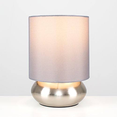 Pair of - Modern Chrome Touch Table Lamps with Grey Shades - Complete with 5w LED Dimmable Candle Bulbs [3000K Warm White]