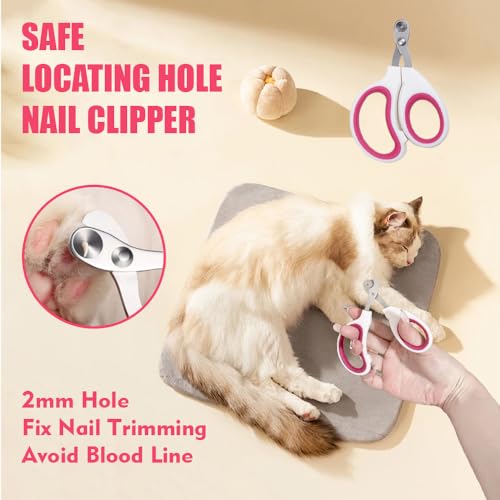 Image of Grooming Kit for Indoor Long-Haired Cats - Self-Cleaning Brushes for Shedding and Matted Fur, Flea Comb Set, Pink