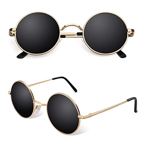 CGID E01 Small Retro Vintage Style John Lennon Inspired Circular Circle Metal Rimmed Round Polarized Sunglasses Goggles Shades for Women and Men with Gift Package