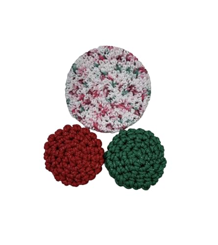 Handmade Dish Scrubber Set - Christmas Colors - Red/Green/White - 2 Double Layer Nylon Yarn Scrubbies - Double Thick Round Cloth - Reusable - Sponge - Scouring Pad - Household Helper