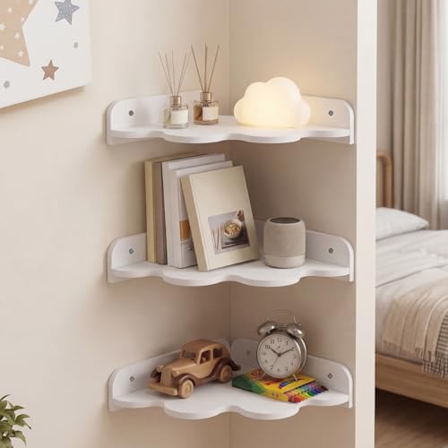 Image of shaojian Floating Shelves Set of 3, Cute Cloud Corner Shelf Wall Mounted for Home Wall Decor Bedroom Living Room Bathroom and Kids Room