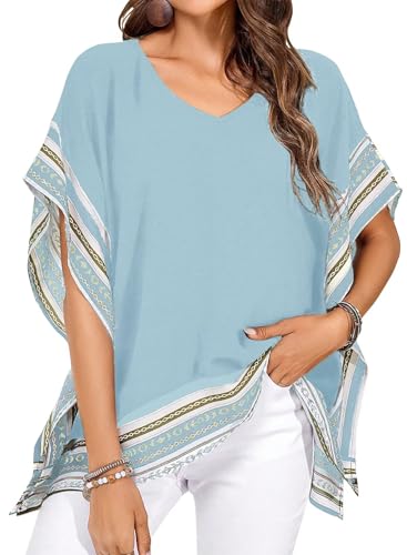Falechay Batwing Tops for Women Blouses Dressy Casual T Shirts Short Sleeves V Neck Boho Tops Cute Loose Tshirts Side Slit Flowy Tunic Summer Fit Blouses Fall Ladies Beach Vacation XL Sky Blue
