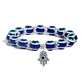 SUMMER LOVE Evil Eye Hamsa Blue Beaded Charm Stretch Bracelet Hand of Fatima Turkish Lucky Evil Eye...