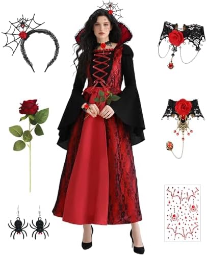 GEEKEO Vampir Kostüm Damen - Karneval Kostüm Vampir Kleid Damen Kostüme Dress Up Fasching Costume Frauen Cosplay Gothic Kostüme mit Halskette und Zubehör für Halloween Karneval Dra