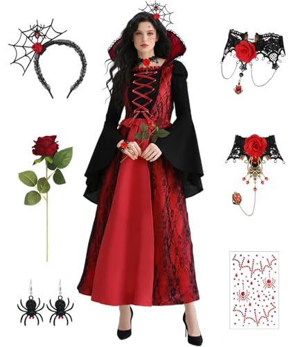 Vampir Kostüm Damen - Vampir Kleid Kostüm Damen Halloween Kostüme Dress Up, Halloween Costume Frauen Cosplay Gothic Kostüme mit Halskette und...