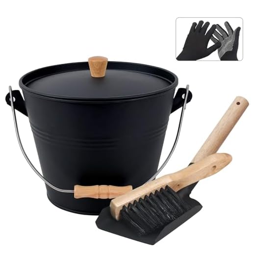 Poofzy Ash Bucket with Lid, 1.3 Gallon Ash Bucket for Fireplace, Metal Fireplace Bucket for Ashes Includes Shovel, Hand Broom and Gloves for Wood Burning Stove, Fire Pit and Grill