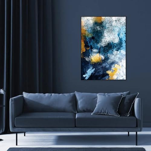 Œuvre d'art pour décoration murale de salon bleue et dorée 20x30cm encadrée