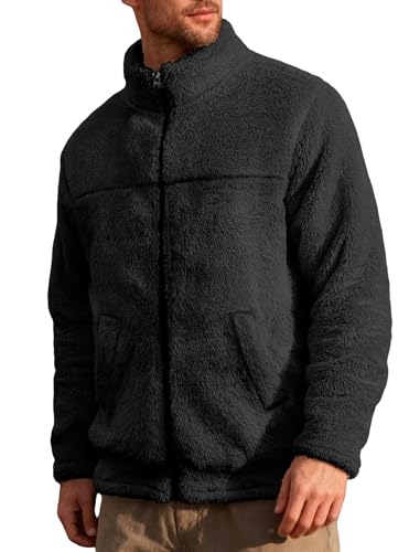 Men's Fuzzy Sherpa Warm Hoodie Heavyweight Fleece Zip Up Jacket Hooded Sweatshirt Winter Stand Collar Sports Coat (Black,X-Large)