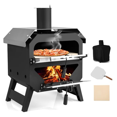 KOMFOTTEU Horno de Pizza para Exterior Portátil, Horno de Leña y Carbón 12 Pulgadas con Piedra de Pizza, Pala de Pizzas y Funda de Tela Oxford, Acero Inoxidable, para Camping, Barbacoa