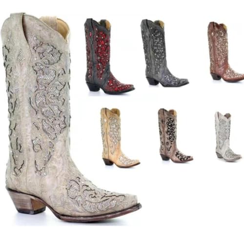 Lmtossey Retro diamant holle bloem westerse cowboy laarzen puntige teen hoge hak rijder laarzen grote vrouwen laarzen - Afbeelding 3
