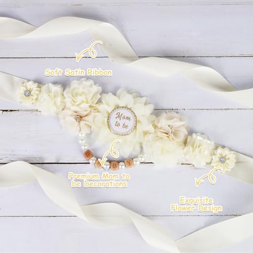 Image of Ivory Cream Baby Shower Sash and Pins Set - Cream White Flower Baby Shower Belly Belt and Mom to Be & Dad to Be Corsage Pins, New Parents Pregnancy Photo Props Party Supplies