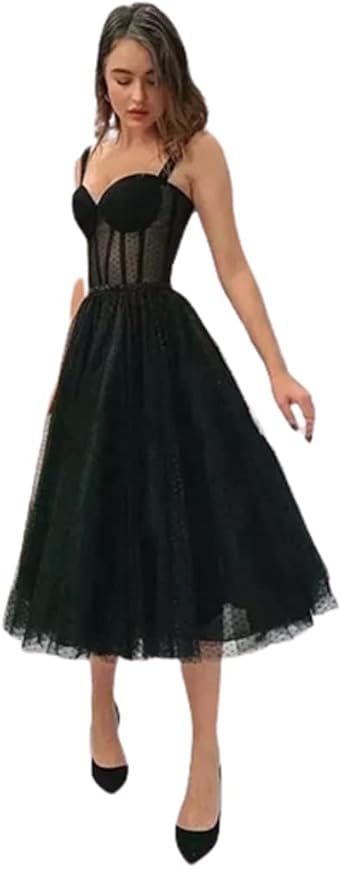 YYDS Black Polka-dot Evening Dresses Tea-Length Spaghetti Straps Short Party Prom Gown A-line Tulle Sleeveless