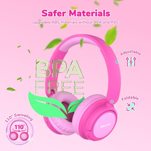Image of iClever BTH22 Kids Bluetooth Headphones, 60H Play Time, 74 /85 dBA Safe Volume, Bluetooth 5.4, USB C, Over Ear Kids Headphones Wireless with Mic AUX Cord for iPad /Tablet /Travel /School (Bright Pink)