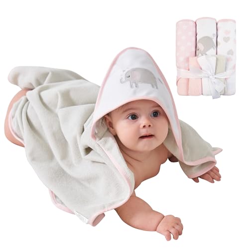 Image of Viviland Baby Towels and Baby Wash Cloths Set Hooded Baby Towels Baby Wipes Absorbent Bath Face Towels Burp Cloths or Face Towels for Girl Boy 6-Pack Size 28 x 28 Inch(Elephant)