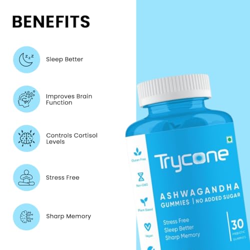 Image of Trycone KSM66 Ashwagandha Sugar Free Gummies for Stress Relief, Better Sleep and Improved Memory and Focus - Pack of 30 Gummies Herbal Ayurvedic Supplement for Men & Women