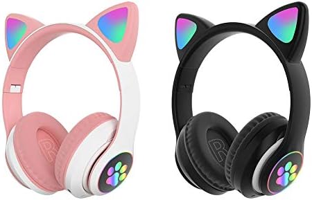 Kisbeibi Headphones, Cat Ear LED Light Up Foldable Bluetooth Headphone Wireless Gaming Headset for Kids Adult(Green)