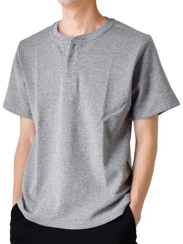 (アローナ)ARONA サーマルTシャツ メンズ 半袖 ヘンリーネック ワッフルTシャツ ストレッチ オーガニックコットン/Y A29グレー M - ARONA(アローナ) - 商品画像