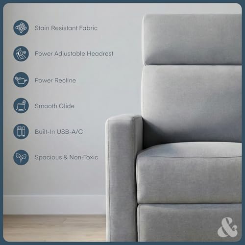 Image of Nurture& The Glider Premium Power Recliner Nursery Glider Chair with Adjustable Head Support | Designed with a Thoughtful Combination of Function and Comfort | Built-in USB Charger (Gray)
