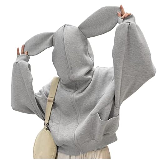 AEJENNIO Women's Cute Bunny Ear Zip Up Long Sleeve Grey Rabbit Hoodie Sweatshirts with Pockets