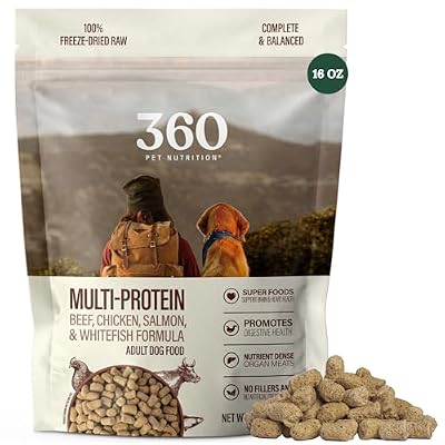 360 Pet Nutrition Freeze-Dried Raw Dog Food – Multi-Protein with Beef, Chicken, Fish, Liver & Organs, High Protein, Omega-3s, Fruits, Veggies & Superfoods, Grain-Free, No Fillers, 1 lb – Made in USA
