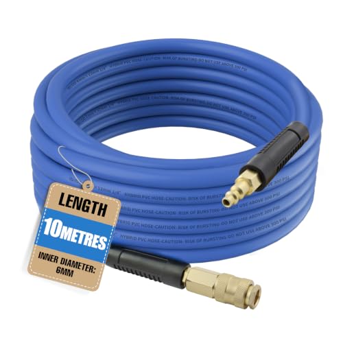 Image of 10M Hybrid Air Hose, 6mm I.D x 12mm O.D, 300 PSI Compressed Air Line with 1/4" BSP Quick Connect Fittings, Flexible Anti-Kink PVC Rubber Air Pipe for Air Compressor (Blue)