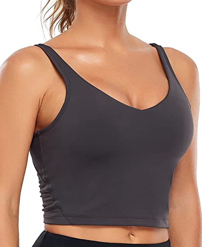 Image of Oalka Sports Bra Womens Longline Padded Crop Yoga Tank Tops | Built in Bras, Workout, Athletic, Fitness, Super Soft, Comfort, Cropped Top, Removable Pads, Heart Neckline For Women