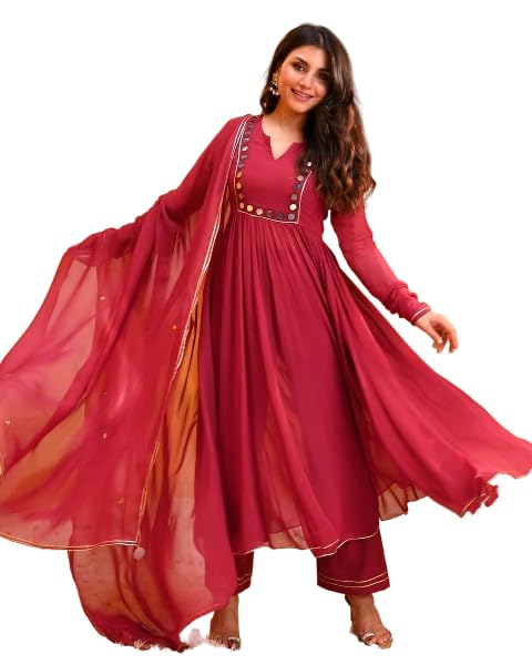PariBelle Women's Rayon Anarkali Kurti with Pant and Dupatta Set, Mirror Work-image-34