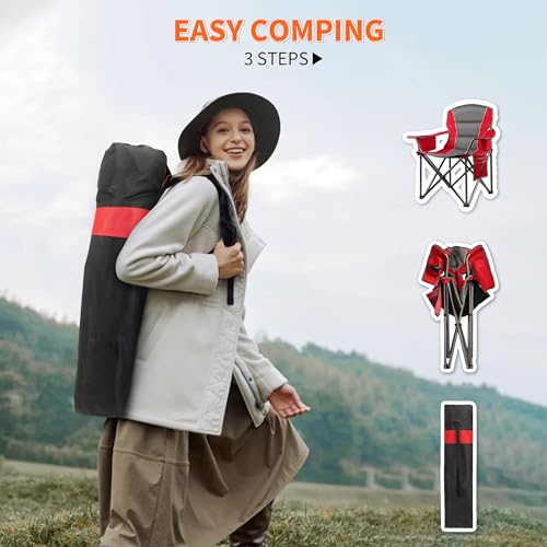 LANMOUNTAIN 2 Pack Padded Oversized Camping Chairs for Adults,Heavy Duty Support 400 Lbs,Folding Portable Lawn Chair w/Cup Holder,Cooler Bag,Side Pocket,Perfect for Outdoor Picnic,Hiking(Red&Black) - Image 5