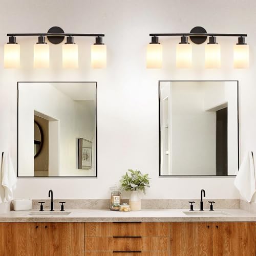 Image of DLLT 4-Light Bathroom Light Fixtures: Black Modern Vanity Lights with E26 Bulbs - Milky White Glass Shade Bathroom Wall Lamp for Mirror Kitchen Living Room Hallway Cabinet Porch