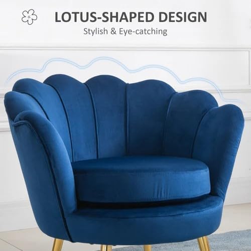 Image of Wooden Velvet Shell Accent Chair, Upholstery, Gold Metal Legs, Channel Tufted Design, Barrel Chair for Living Room, Drawing Room, Bedroom, & Office (Navy Blue)