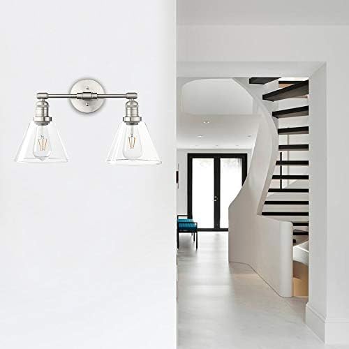 Phansthy Dual Light Vintage Wall Light 7.1" Diameter Funnel Glass Industrial Wall Sconce for Kitchen Living Room Hallway Bedroom Vanity Mirror Double Head Decorative Light (Brushed)