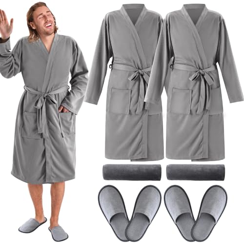 Handepo 2 Sets Waffle Bath Robe Set Unisex Hotel His and Hers Robes Couples Lightweight Knit Spa Bathrobe Slipper Hair Towel(Grey,L)