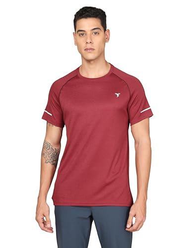 Image of TECHNOSPORT Men's Melange Slim Fit Round Neck T-Shirt Double Cool Raglan Sleeve Slip On Polyester for Gym Running Workout UPF50+ Anti Odour
