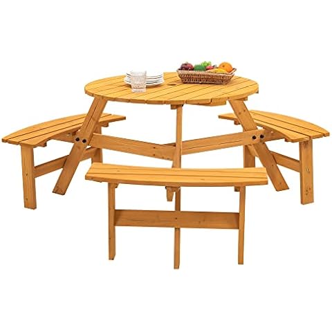 Amgacina 6 Person Outdoor Circular Round Wooden Picnic Table Built-in Benches for Patio Backyard Garden with Umbrella Hole Wood Color (Medium(6-Person)) Cover