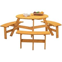 6-Person Round Outdoor Table and Chairs for Patio, Backyard, Wooden Garden Picnic Table with 3 Benches, 1720 Lb Capacity Natural