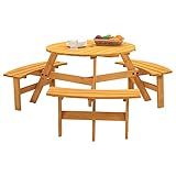 ODUWA Picnic Table Sets,6-Person Circular Outdoor Wooden Picnic Table with Umbrella Hole,Outdoor Cam