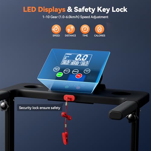 Warmiehomy Treadmill Walking Pad with Handle Bar Foldable Running Machine with LED Displays, Safety Key Lock 1-6km/h(1-10Gear) Adjustable Treadmills for Home Office, Black - Image 5