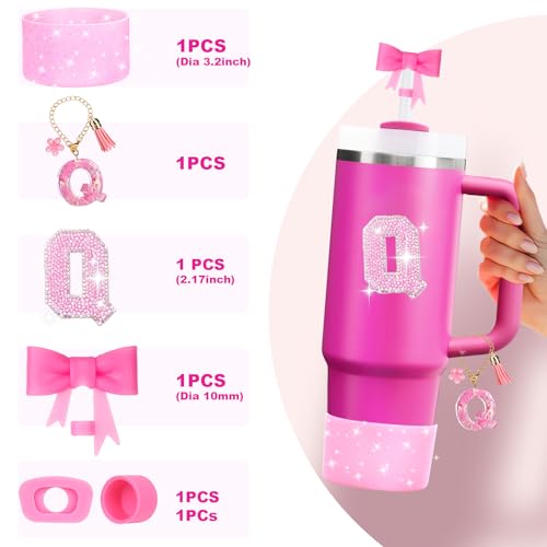 Image of Mity rain 6PCS Pink Cup Accessories for Stanley Cup 30oz 40oz - Tumbler Initials Decoration for Stanley, Including Silicone Straw Cover Cap and Boot, Spill Proof Stopper,Handle Charm, Sticker,Letter Q